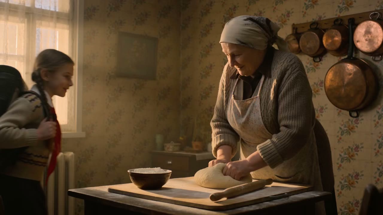 AI-generated narrative scene — grandmother and grandchild baking bread in a vintage kitchen